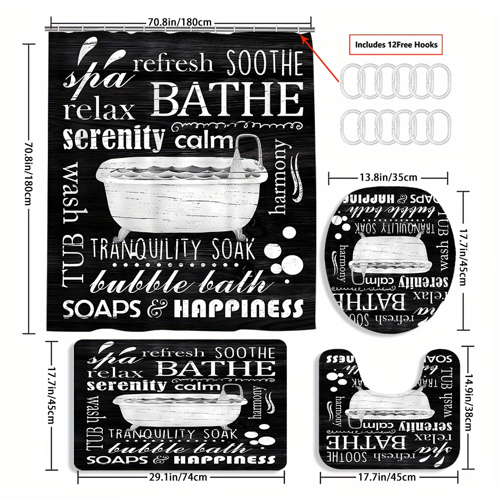 TEMU 4pcs Bathtub Curtain Decoration, Beautiful Housewarming Gift, Decoration, Shower Curtain And Toilet Floor Mat 3 Piece Set With 12 Shower Curtain Hooks
