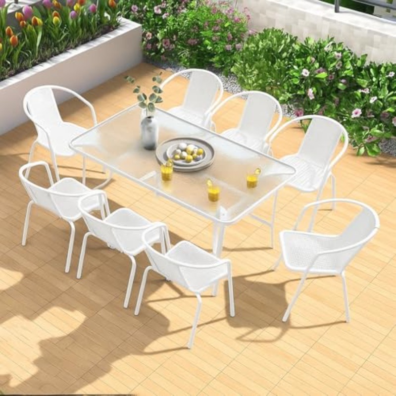 9pcs outdoor dining set featuring 8 chairs and     patio or balcony use made of poly rattan in   and white