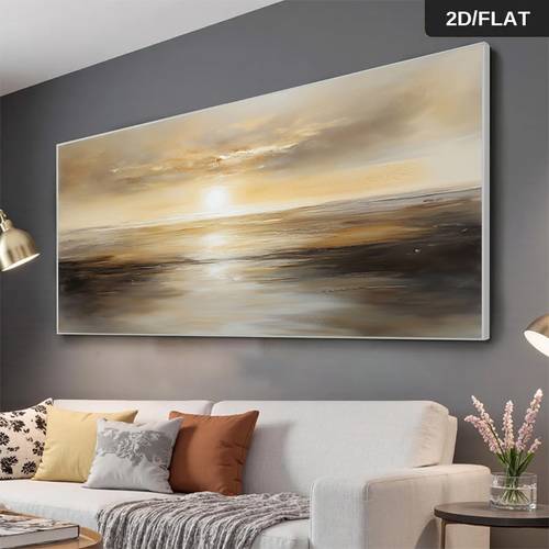 2d flat 2d flat printing 1pc large modern abstract frameless beige golden horizontal stripe sea sunset sunrise over calm canvas painting minimalist wall art for living room bedroom