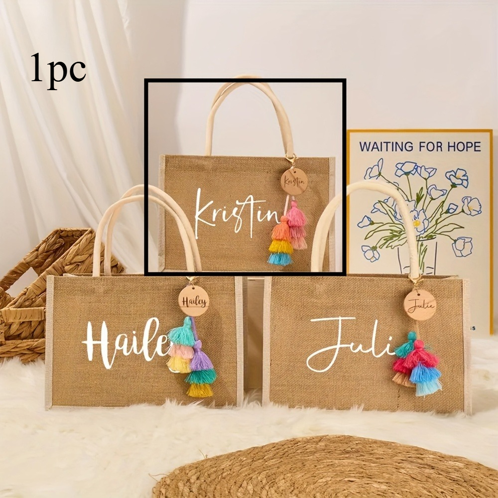 TEMU 1pc Personalized Burlap Handbag With Tassel Charm - Custom Monogram Fabric Bridesmaid Beach Bag For Bride Gifting, Christmas Halloween Women's