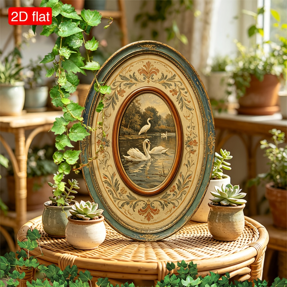 TEMU 2d Flat Oval Photo Frame Duck And Crane Landscape Painting, Fireplace Shelf Entrance Decoration, Wall Decor Sign, Entrance, Bedroom Living Room