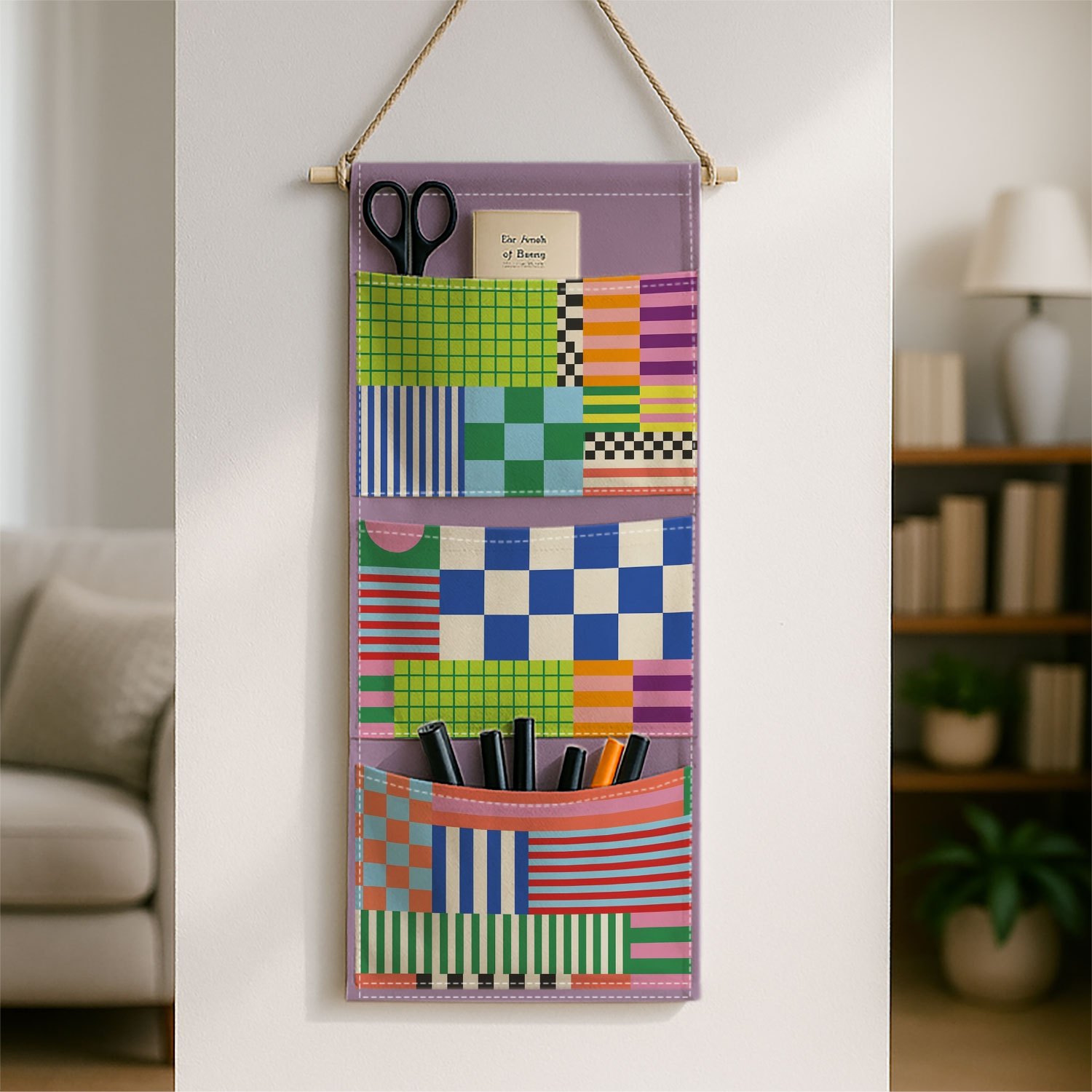 TEMU 1pc Practical Wall Hanging Storage Bag| Modern Geometric Pop Vibrant Colorful Checkered & Stripe Pattern Printing, Sturdy Structure, Multiple