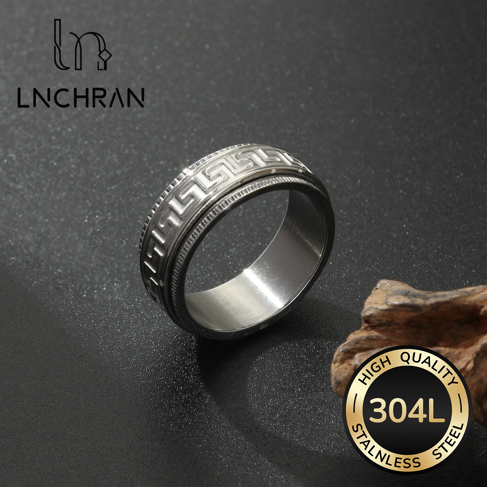 Image of 304l Stainless Steel Greek Key Pattern Spinner Fidget Ring Black Silvery Minimalist Retro Style For Men And Women Versatile Daily Jewelry