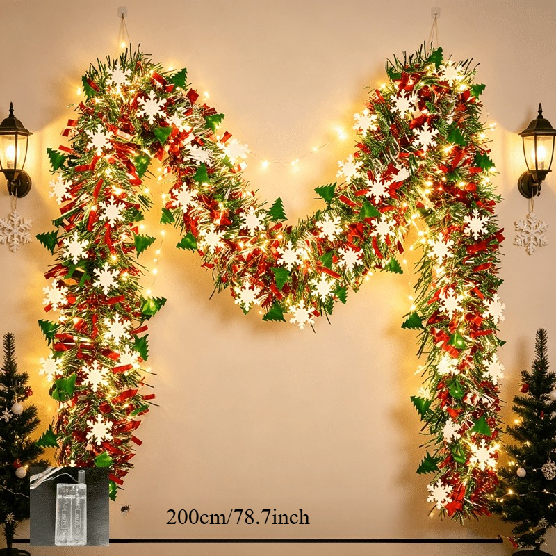 TEMU 6pcs Christmas Snowflake Tinsel Garland With Led Lights, 3pcs Garland And 3pcs Lights Christmas Decorations Colorful Lighted Tinsel Decoration,
