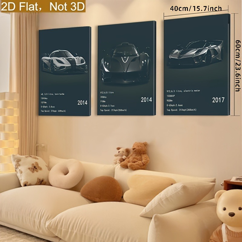 TEMU 2D, 3 piezas decorativo en 2D, juego de pósteres de supercoche estilo , de pared de coche de carreras de rendimiento, impresión en papel de