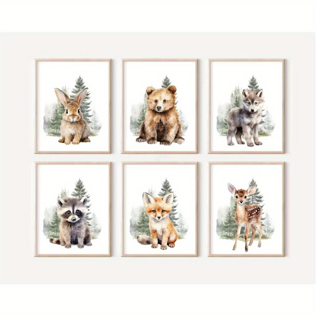 

6pcs Woodland Animal Set - Watercolor Bear, Deer & Fox Prints For Boys' Bedroom Decor,