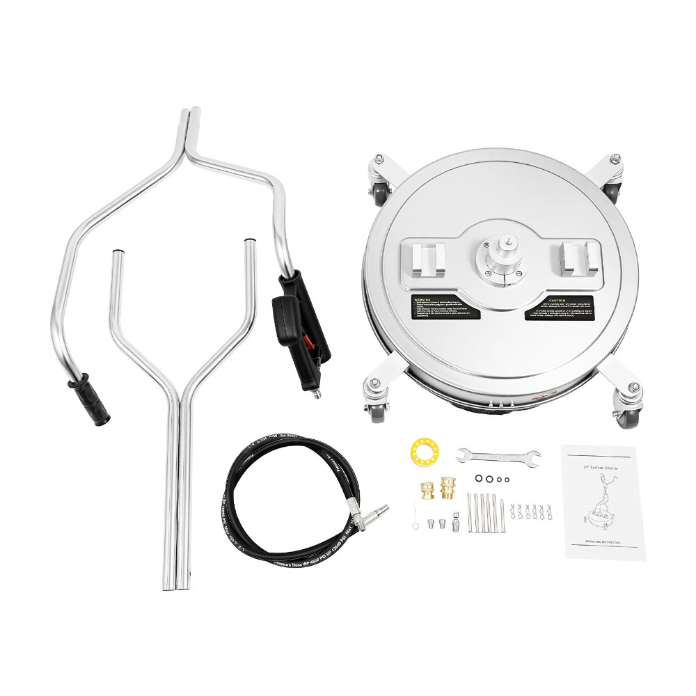 Image of 20-inch Stainless Steel Surface Cleaner Accessory For High-pressure Washers, Featuring A Cart With . Perfect For Cleaning Driveways, Patios, Pools, Decks, And Concrete Surfaces