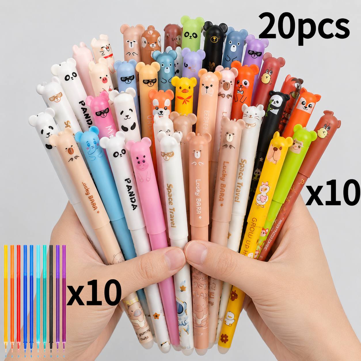 TEMU 20pcs Set Of Animal-shaped Erasable Neutral Pens (10pcs Pens And 10pcs Refills), Pen Body With Thermosensitive Rubber, Smooth Writing And Clean