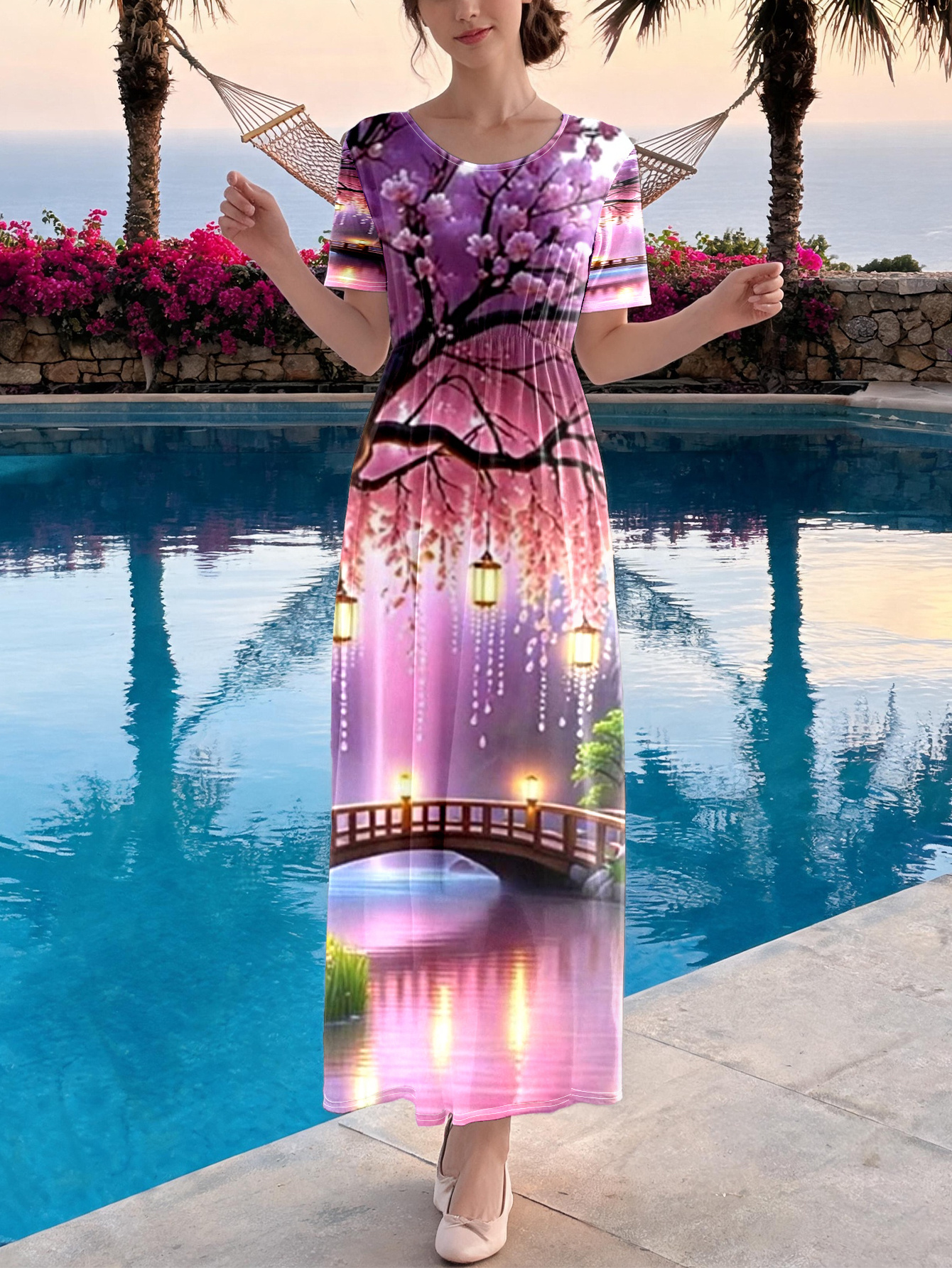 1pc cherry   lantern bridge   summer autumn new style womens casual round neck long dress lightweight and breathable suitable for indoor and outdoor wear for shopping parties and travel stylish and versatile a great gift