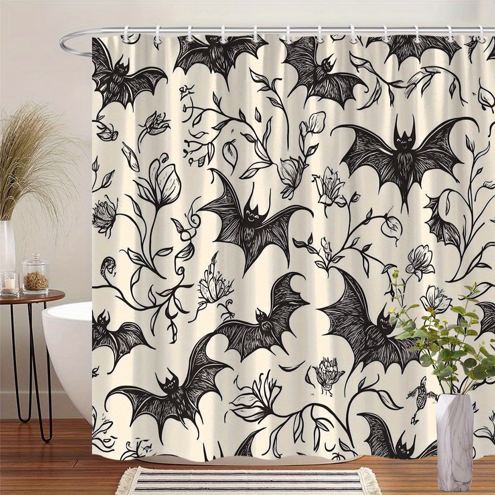 TEMU 1pc Gothic Bats & Flowers Shower Curtain - Black Bats With Intricate Details, Delicate Flowers On Cream Background, Vintage Mystical Style
