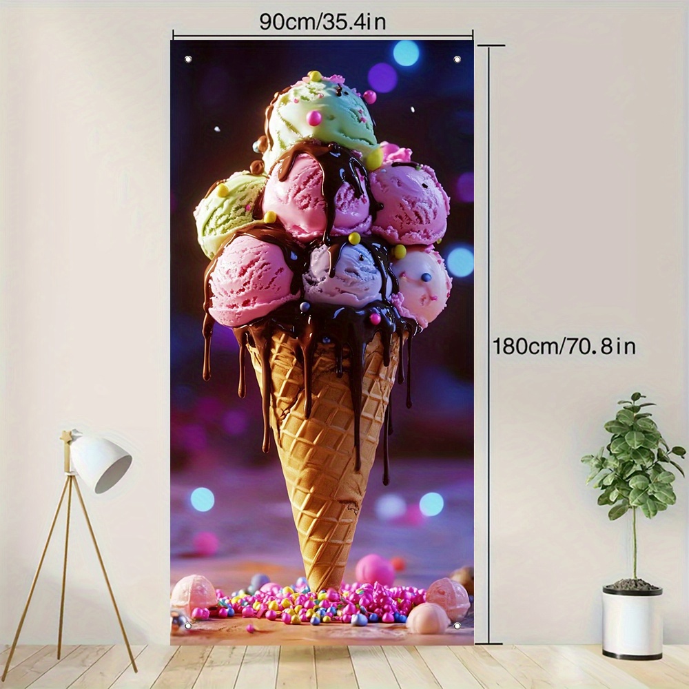 E-shop 2D-Türbanner, 1 Stück Eiscreme-Tage-Türbanner - Bunter Eiscreme-Turm-Design, 35,4 x 70,8 Zoll, Polyester, Kein erforderlich, für Geburtstage,