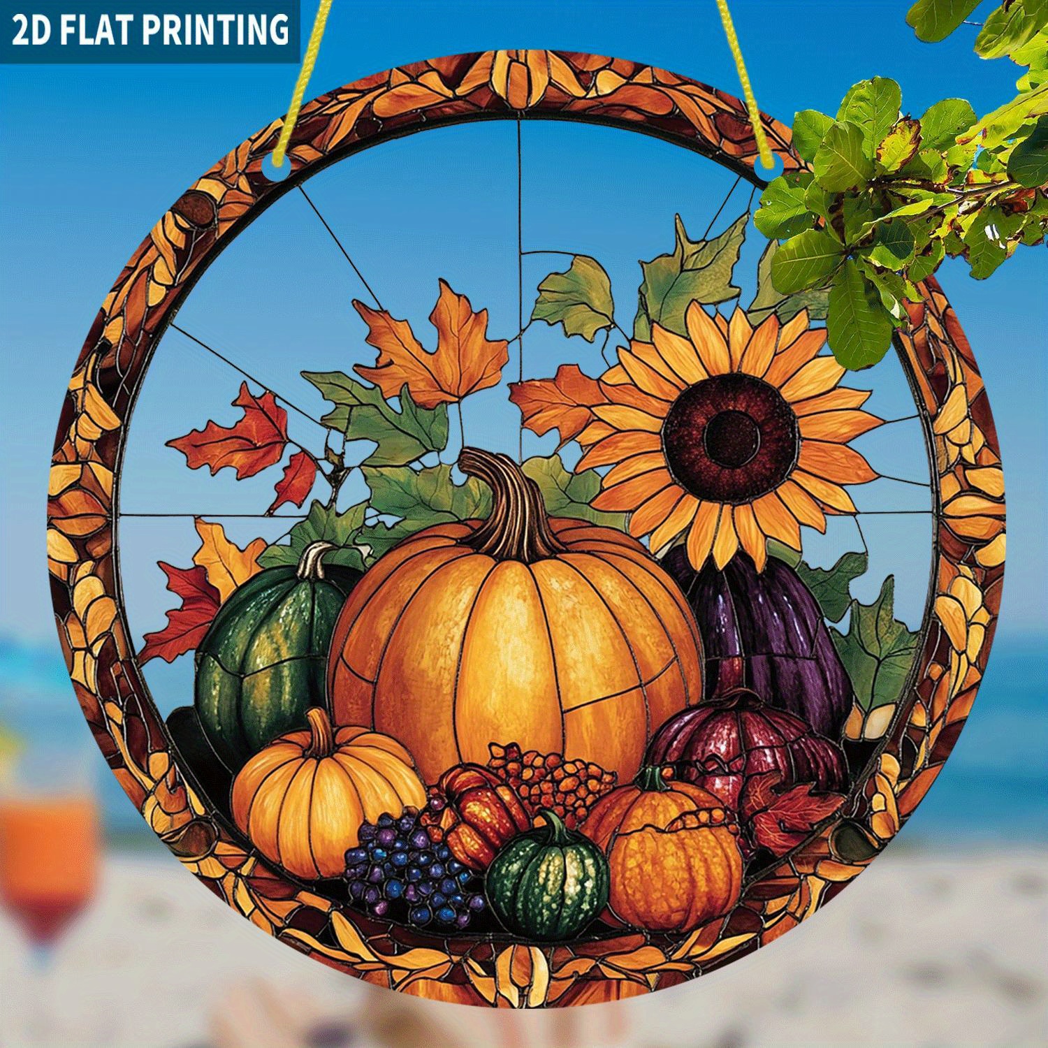 Image of 2d Flat - 1pc Of Flat 2d Design Featuring A Pumpkin And Sunflower Sun Catcher, Measuring 7.87 By 7.87 Inches, Made Of Round Acrylic. This Decorative Sign Is Perfect For Hanging At Home, Ideal For And