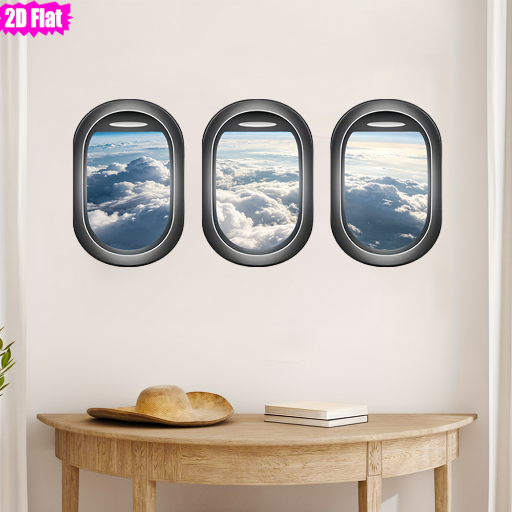 TEMU 3pcs 2d Flat Airplane Window Pattern, Earth, Airplane Window Shape. Removable Pvc Self-adhesive, Suitable For Living Room, Bedroom, Study,