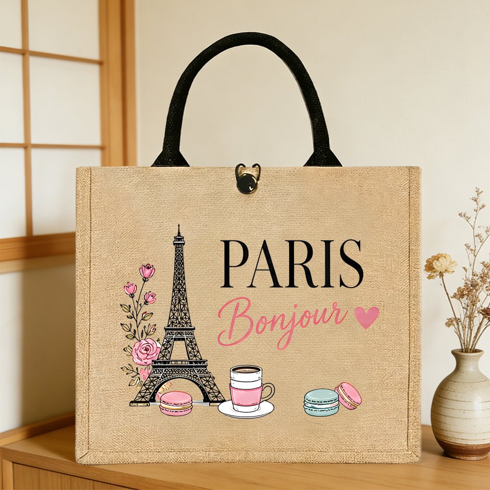 TEMU Cadeau pour Elle/Lui 1 pièce Grand sac fourre-tout Paris pour femme, en jute avec motif , Sac à main durable pour -, voyage, shopping, Grand sac