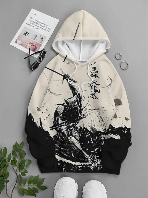 mens trendy streetwear hooded sweatshirt with a black haired warrior wielding a sword a scene with sand and energy full of streetwear style rich and artistic pattern elements a personalized look