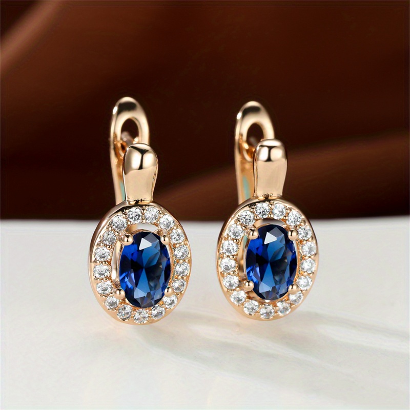 Image of 1 Pair Oval Cut Blue Stone Drop Earrings Golden Color Claw Earrings Valentine's Day Jewelry Gift