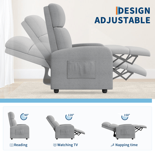 Small Recliner Chair for Adults with Adjustable Ergonomic Reclining, Padded Seat, Tall Backrest, Wide , Side Pocket - Theater Single Sofa for Living Room