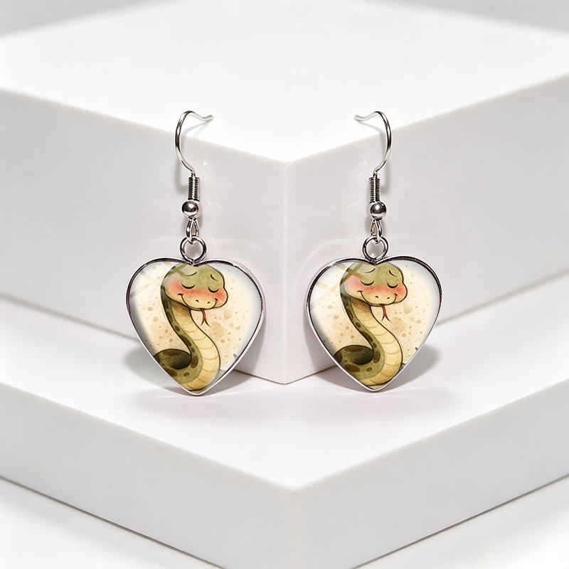 Handmade Sleepy Snake Heart-Shaped Dangle Earrings