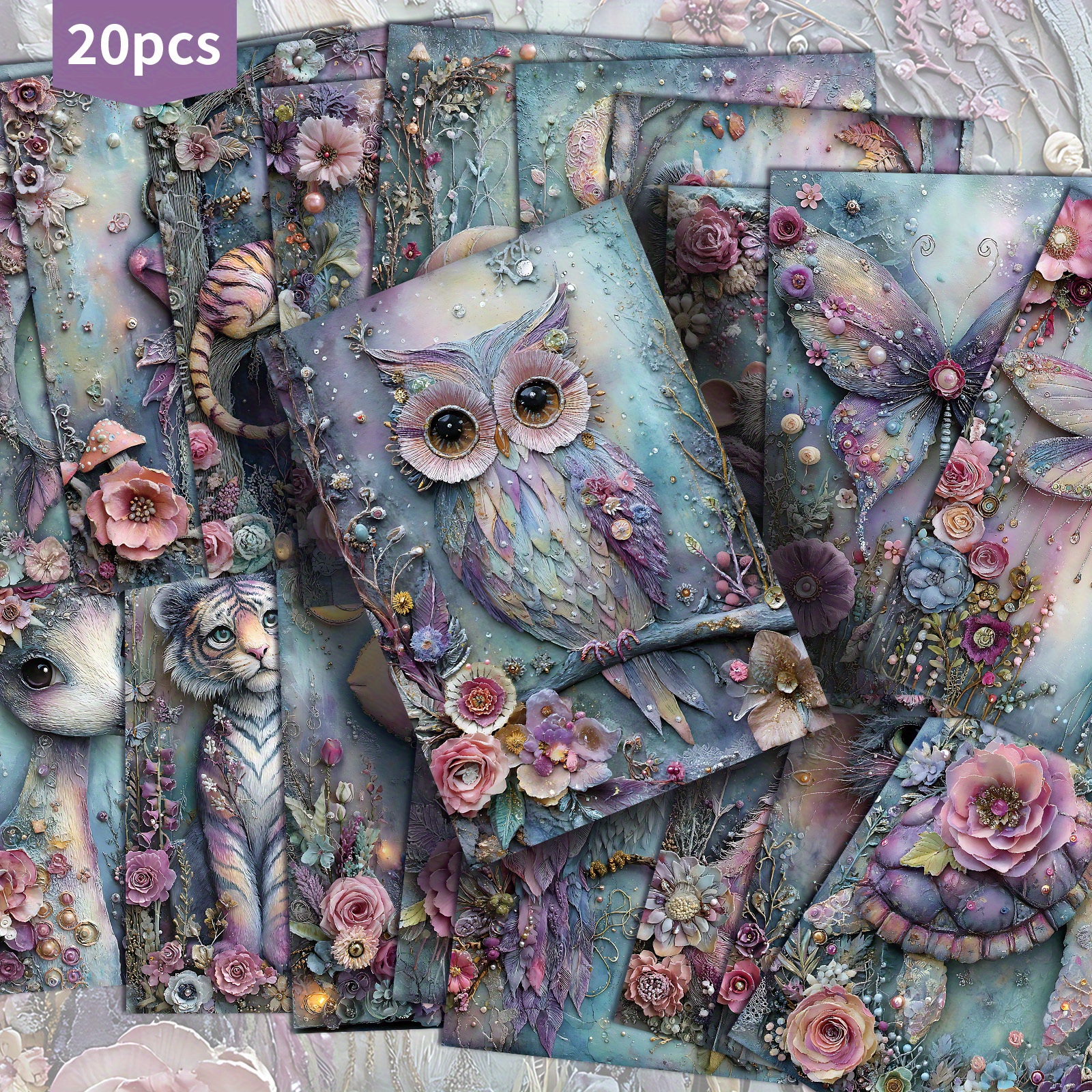 E-shop Set mit 20 Vintage Pastell Tier Fantasy Postkarten - 4X6 Zoll Retro Junk Journal Papier, mit klassischen Illustrationen, Sammelbare Dekorative