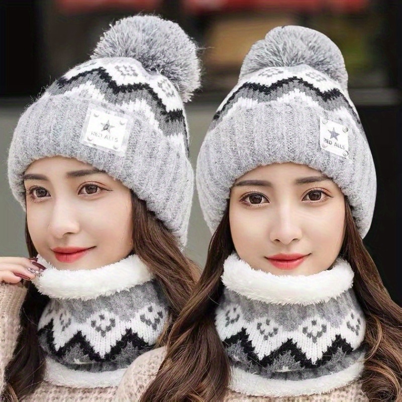 

2pcs Winter Accessory Set - Plush Acrylic Knit Beanie With Ear Warmer Scarf, , Pull-on Design, Hand & Machine Washable For Cold Weather Outdoor Use