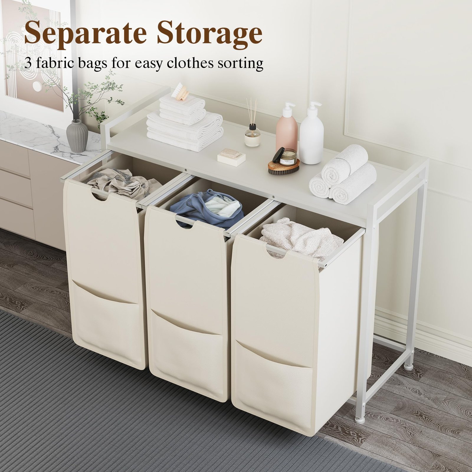 3 Section Laundry Hamper With Shelf, Pull-out Removable 12. 8 Gal(48l) Bags, Metal Frame Laundry Sorter 3 Compartments, White, Laundry Baskets