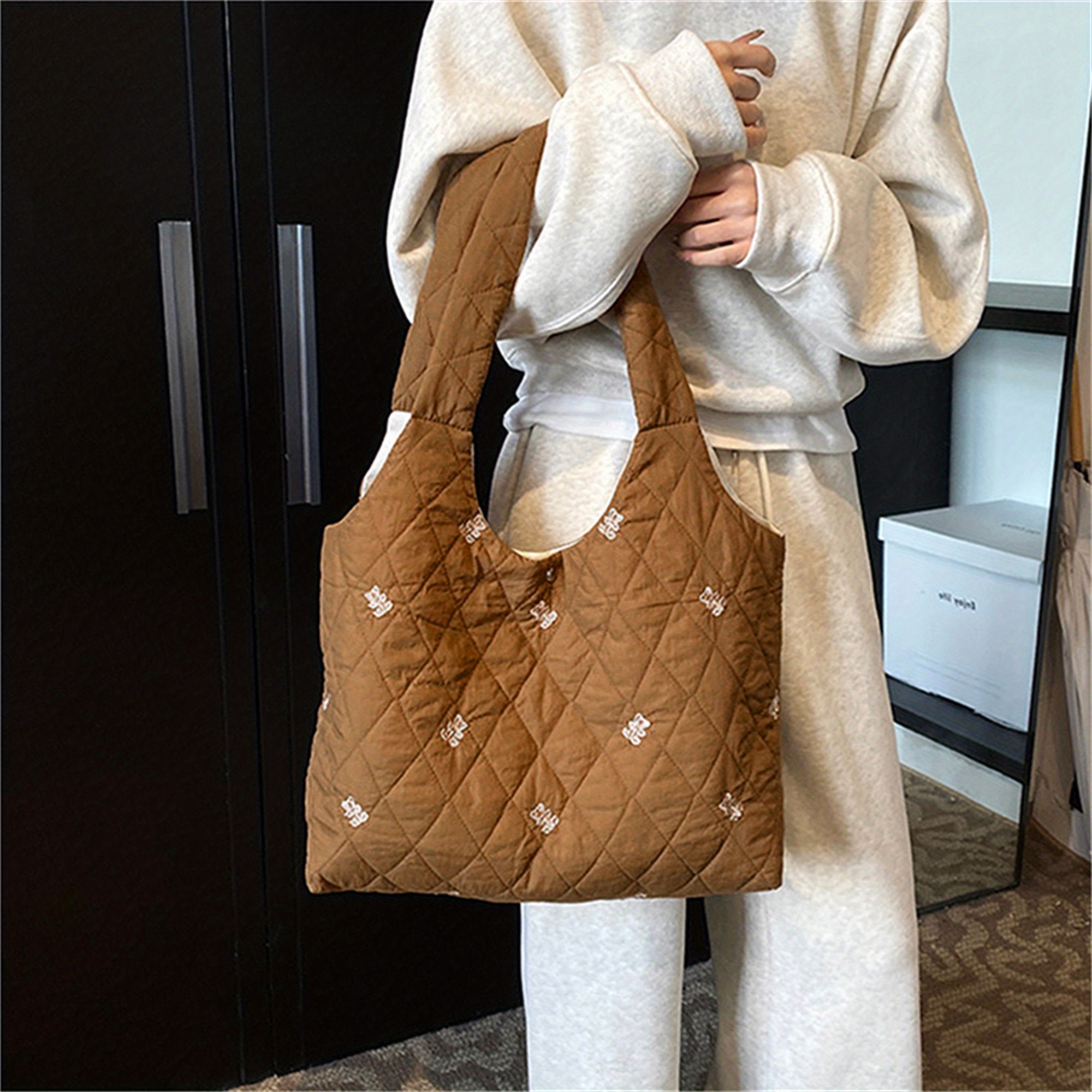 Large Capacity Quilted Tote Bag with Bear Embroidery Stylish Nylon  Handbag for Work, Shopping, and Travel in Light Brown, Cream, Black,