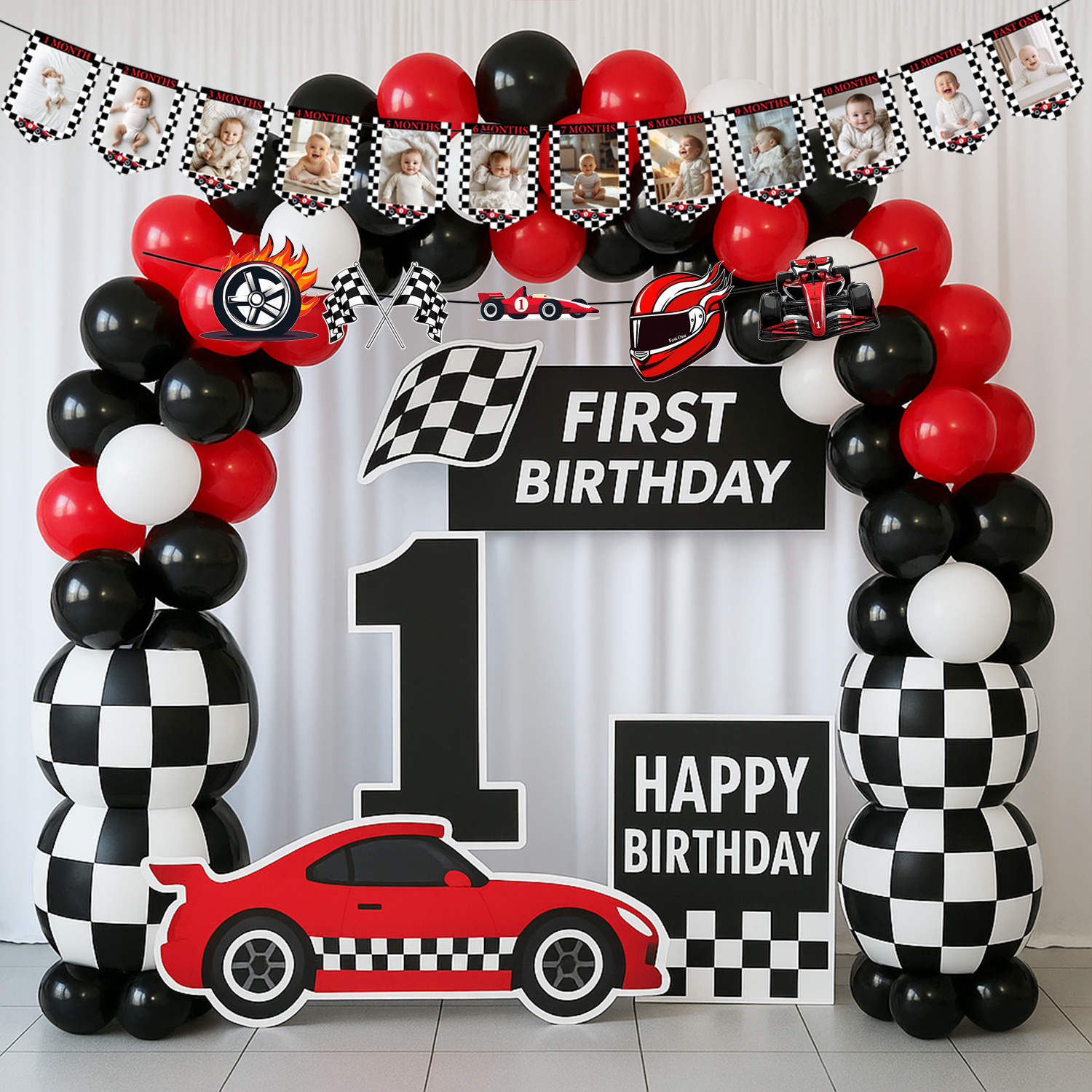 Racing Themed Happy Birthday Banner - Red & Black Race Car Party Decorations