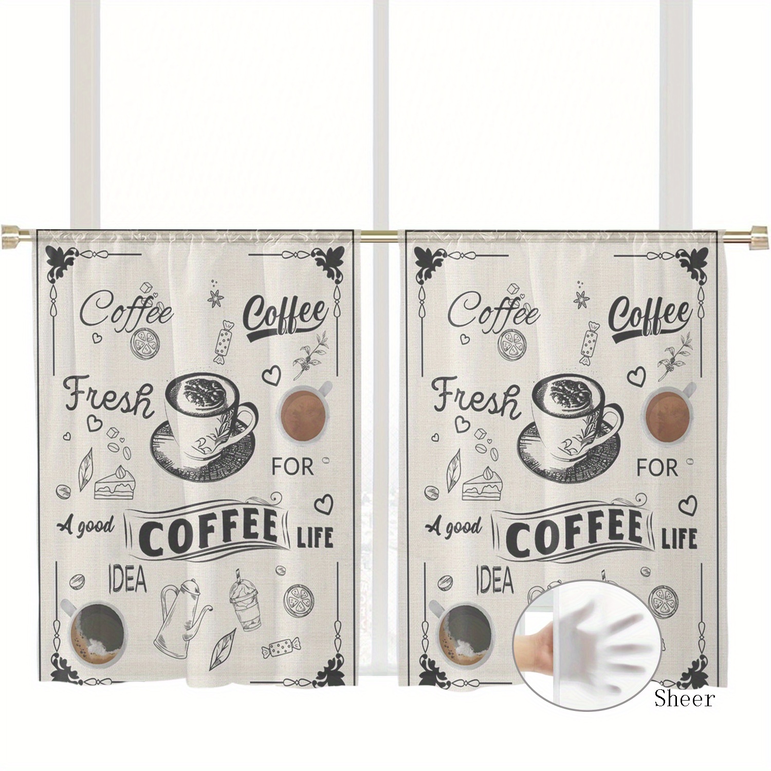 TEMU 2er-Set Kaffee-Muster, schlichte und stilvolle Alltags-Vorhänge, kleine, durchsichtige Gaze-Vorhänge mit Stangentasche für Küche, Esszimmer und