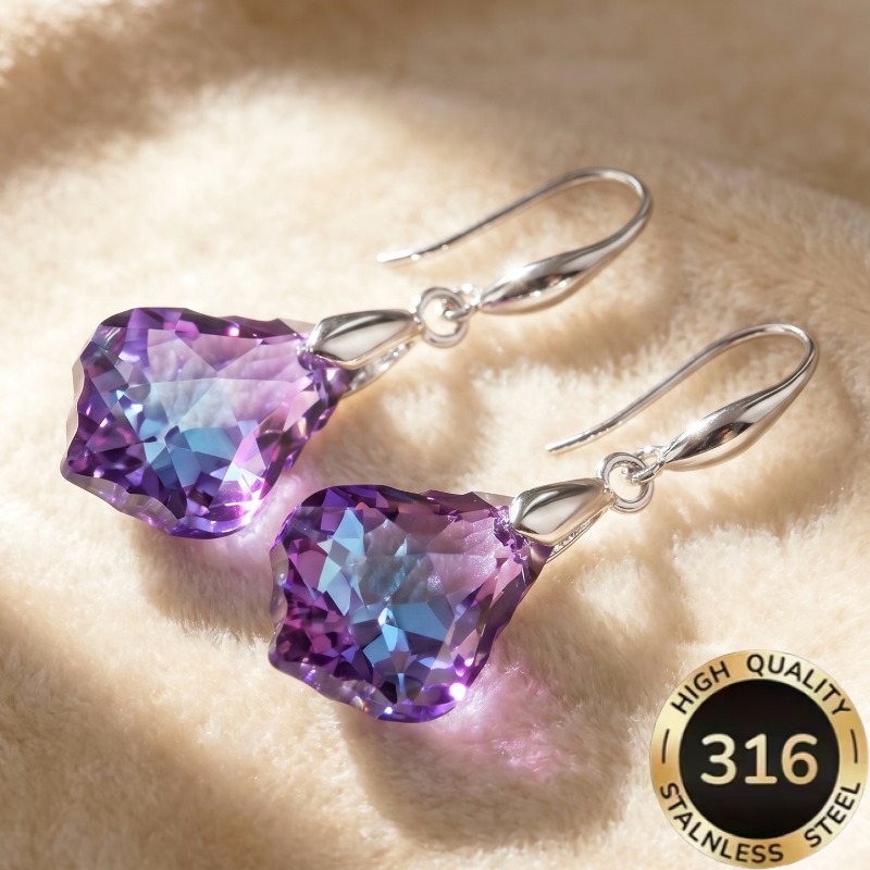 TEMU 1 Pair Of High-quality Steel Hypoallergenic Light Luxury Shiny Purple Gradient Leaf Blade Teardrop-shaped Synthetic Synthetic Zirconia Design