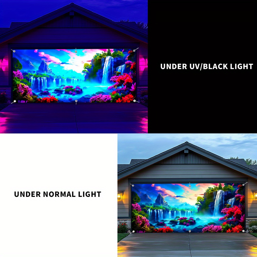 [1pc UV Floral Banner] 1pc Large UV-Activated Floral Waterfall Garage Door Banner | Fluorescent Fabric Wall Decor with Vibrant Nature & Landscape Design | No Power Needed for Parties, Photography Studios, Outdoor Events, Parties Decorations, Party Decoration, Outdoor Festive Decor, Uv Light Display