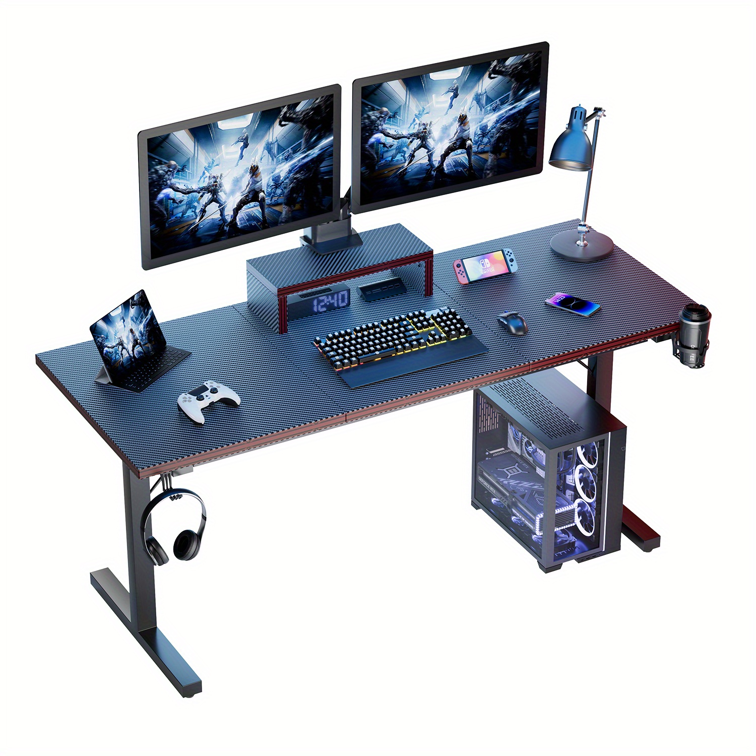 Image of Devoko Gaming Desk 160×60cm - Ergonomic Black Office And Study Table With Monitor Stand, Carbon Fiber Coating , Includes Cup Holder And Headphone Hook - New Year And Birthday Gifts