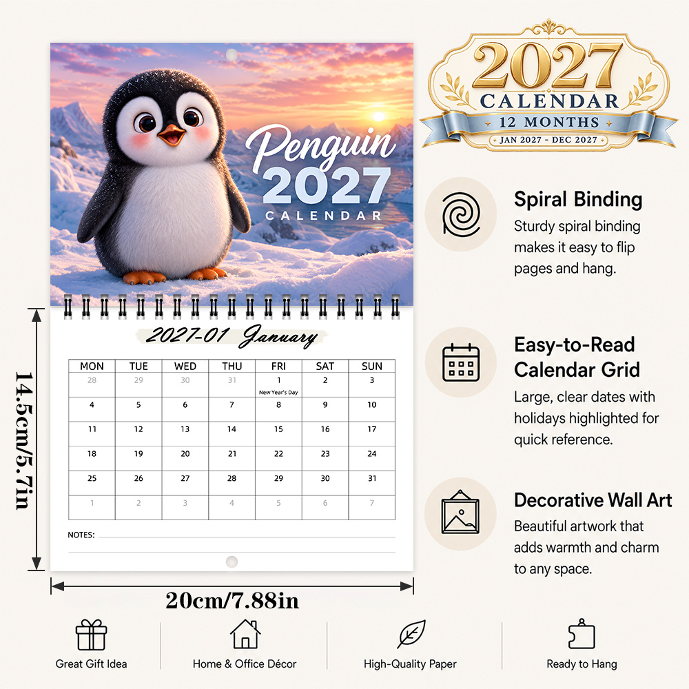 TEMU 1pc , Penguin Snow Style, 12 Months 2027 Planning Calendar, Double Spiral Hanging Calendar, Penguin In A Snow Scene, Home Decor, Christmas Gift