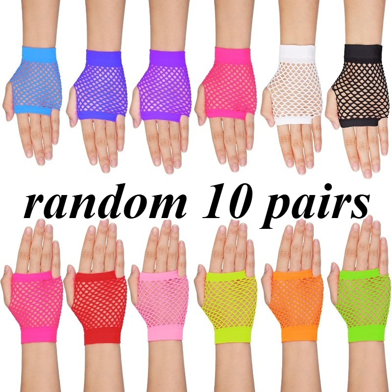 Image of 10 Pairs Women's Short Fishnet Fingerless Gloves In Random Styles. Based On Trendy Mesh From The 1980s And 1990s, In Assorted Mixed Colors, Ideal For Party Outfits And Cosplay