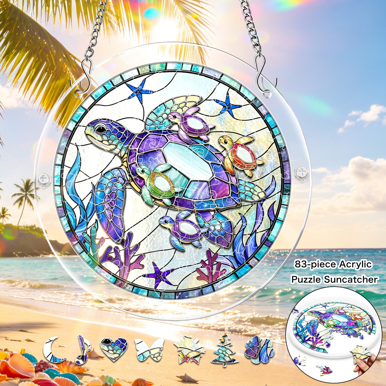 item picture 1set sea turtle acrylic puzzle suncatcher 83pcs 7 4inch stained style colorful sea turtle ocean puzzle suncatcher window hanging ornament for beach and balcony summer sunlight catcher for home and office and bar