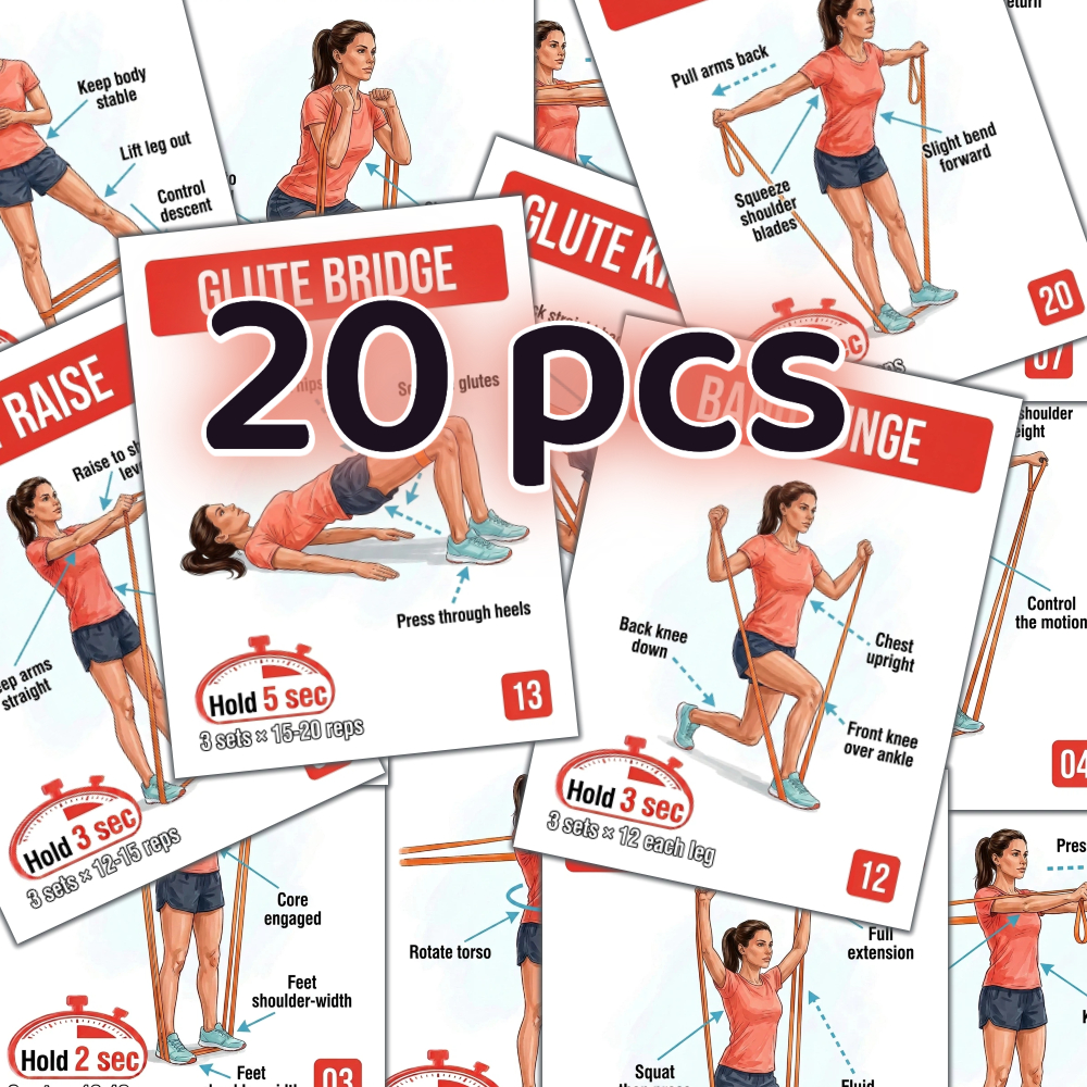 TEMU 20pcs Resistance Band Training Cards - Home Fitness Workout Set, Resistance Band Training Guide, Portable And Easy For Beginners