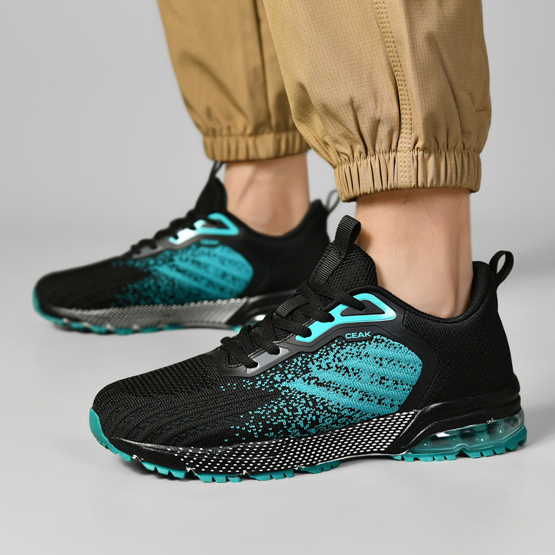 Men's Breathable Knit Sneakers - Lightweight Cushioned MD/TPU Sole, Sharp Toe Design for Hiking, Yoga & Training - Black with Teal Accents, Striped/Checkered/Pure Color Options, All-Season Low-Top Sneakers, Hiking Footwear, Sporty Aesthetic, Flexible Interior Lining
