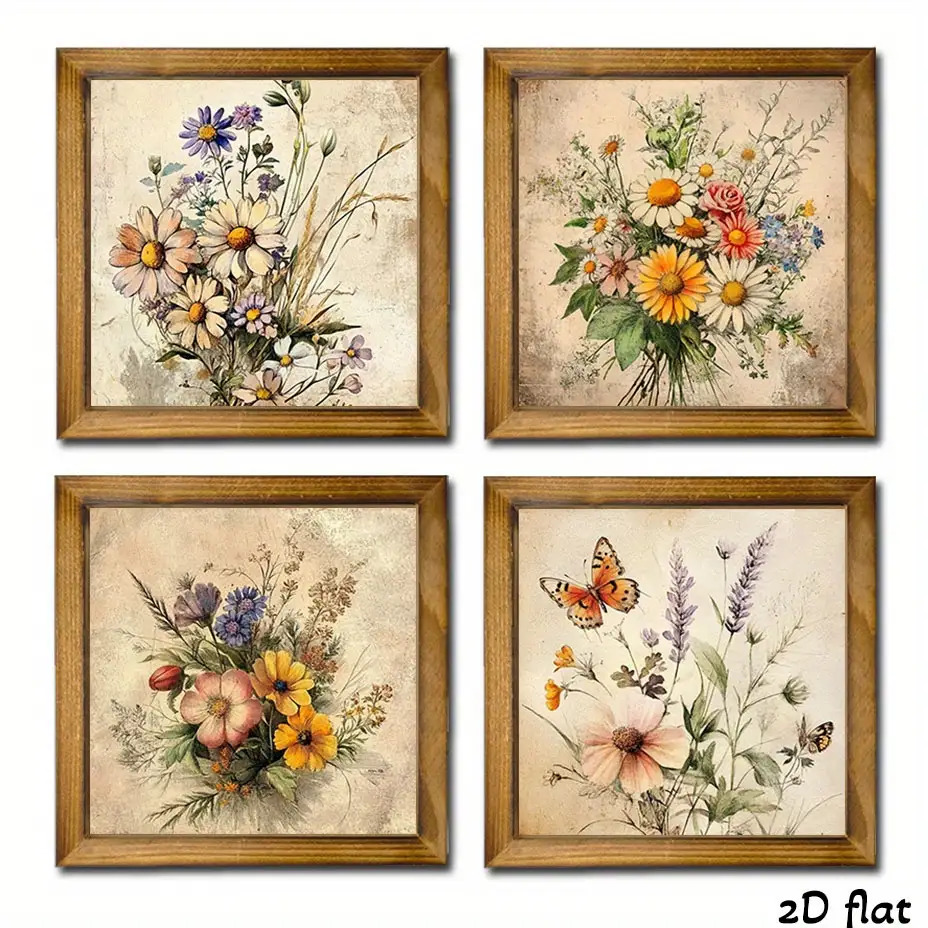 TEMU Set decorativo piatto 2D in legno da 4 pezzi | per soggiorno, cucina o camera da letto - Design vintage, illustrazioni , nessuna elettricit�
