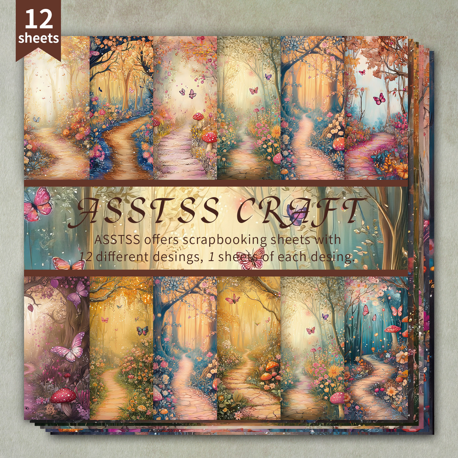 TEMU Asstss 12-sheet Scrapbooking Paper Pad - Heavyweight Cardstock With 6"x6" Floral & Fantasy Forest Theme, 12 Sheets (12 ) For Journaling, Collage