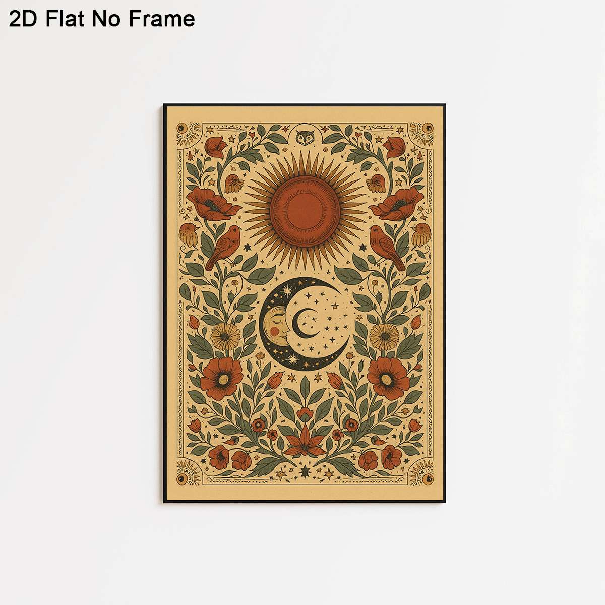 TEMU 2d Flat, 1pc Frameless Canvas Poster, Featuring Sun, With Sleeping Face, Birds, Floral And Starry Elements, Wall Art Canvas Painting, Bedroom