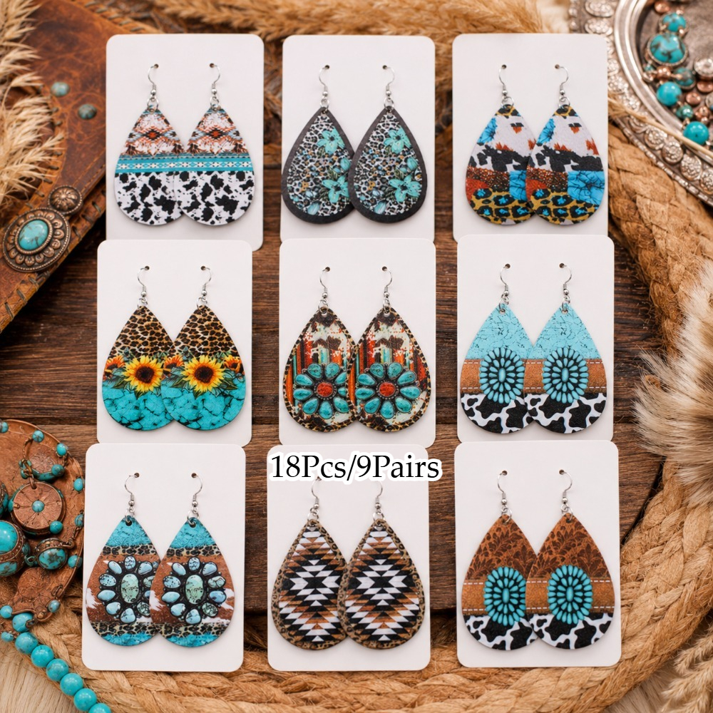 TEMU Ensemble de 18 pièces/9 paires de boucles d'oreilles goutte en acrylique style ethnique western, imprimé léopard, imprimé vache, imprimé