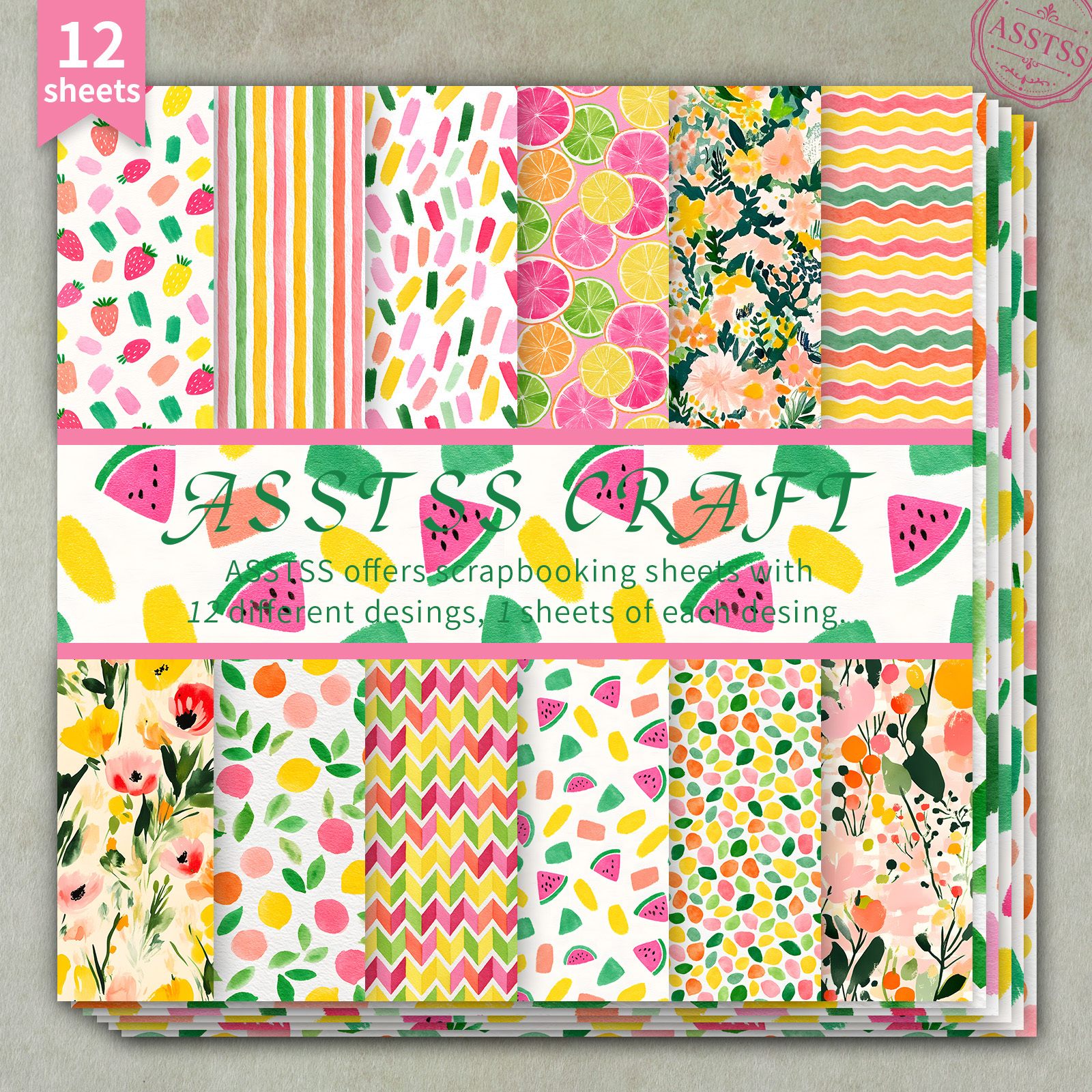 TEMU Bloc de papier de scrapbooking 12 feuilles assorties 6*6 pouces, papier de support style pastel frais d'été avec aquarelle de fruits et de