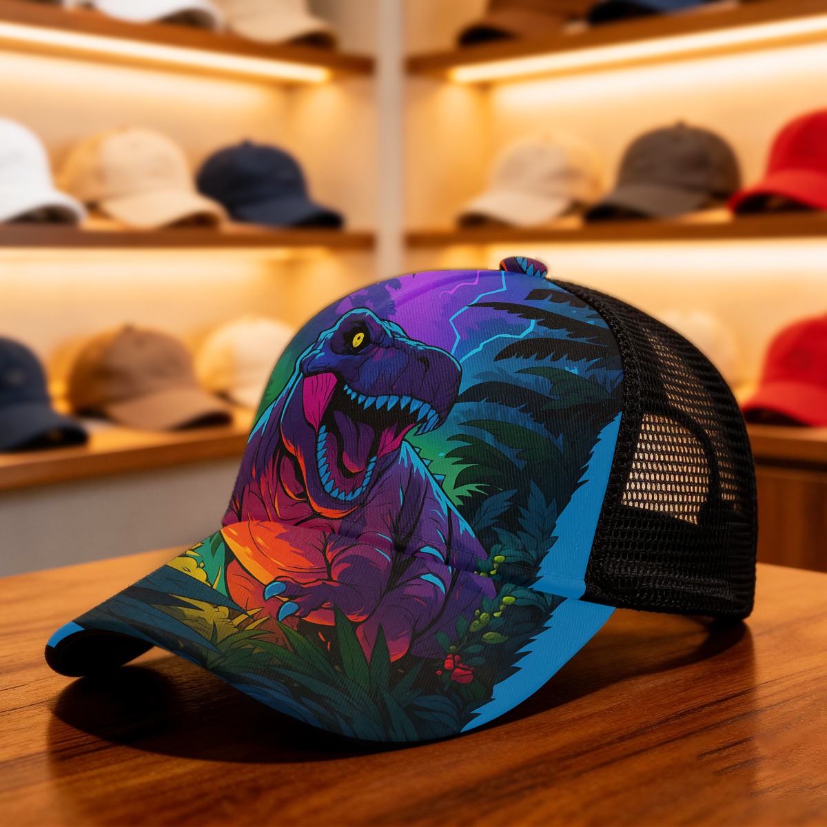 TEMU 1pc Prehistoric Jungle Rex Duckbill Cap With Dinosaur Print - Lightweight Mesh Suitable For Outdoor, School, Themed Parties, Round Top & Curved