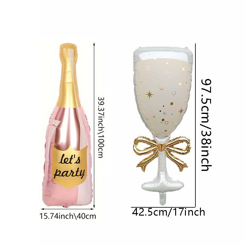 Image of 2/4pcs Rose Wine Bottle Bow Flute Foil Balloons, Including Party Wine Bottle, Flute Foil Balloons, Suitable For Birthday Parties, Wedding Anniversaries, And Wedding Themed Party Decorations