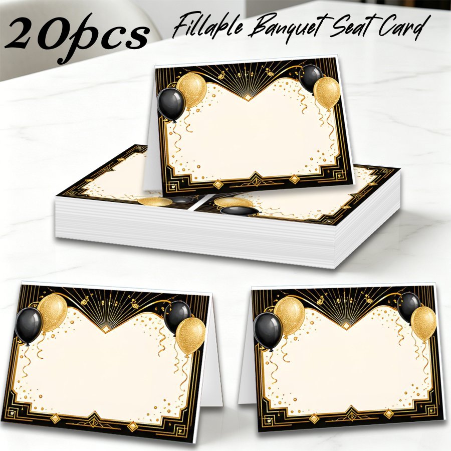 TEMU Cards | 20pcs 4.7 X 3.5 Inch Creative Birthday Cards, Blank Banquet Table Name Cards, Black Golden Art Deco Balloon Style Tent Position Seating