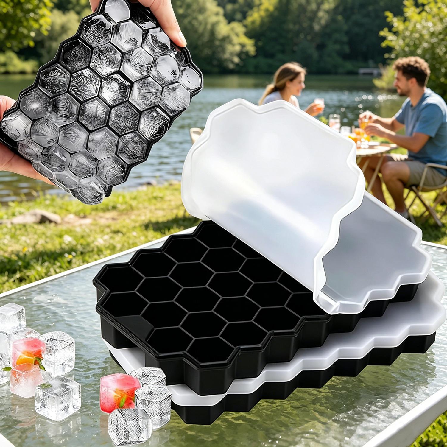 Image of 4pcs 2lid And 2container Silicone Ice Tray Set, Cube Of Ice Mold, Cube Of Ice Trays For Freezer, Stackable, Honeycomb Cube Of Ice Tray Suitable For , Jelly, Coffee, Beverage, Essential Kitchen Gadgets
