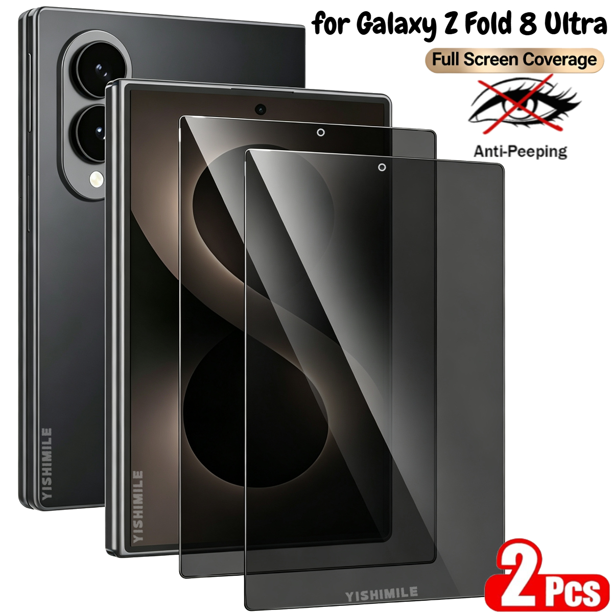 TEMU 2 Pack Privacy Screen Protector For Galaxy Z Fold 8 Ultra /8 /7 /6 /5, 9h Hardness Shatterproof Anti-spy Tempered Glass Film, , Case-friendly