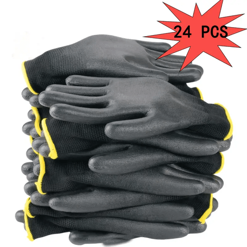 24pcs of safety gloves 12 pairs featuring a pu leather coating in black designed for a non ideal for use in mechanical repairs construction gardening and woodworking