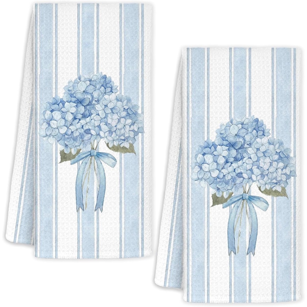 2-Pack Elegant Hydrangea Print Hand Towels – Blue & White Striped Background with Watercolor Floral Design, Ultra-Soft, Absorbent, Quick-Dry & Durable — Zaynora Luxury Marketplace