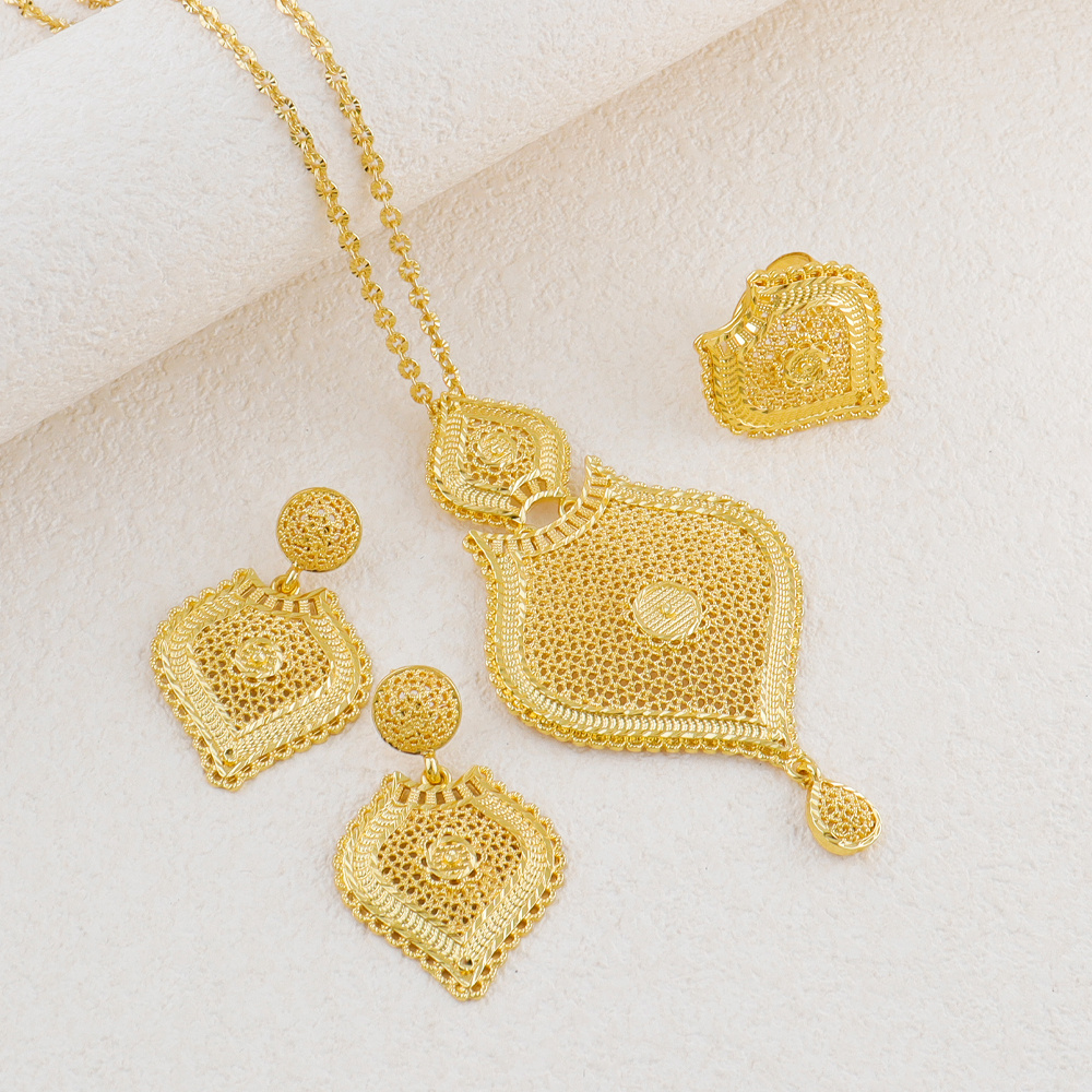 TEMU Saudi Arabia 24k Gold-plated Jewelry (necklace+ring+earrings) | Exquisite Hollow Middle Eastern | Perfect For Eid Al Fitr/valentine's Day | For