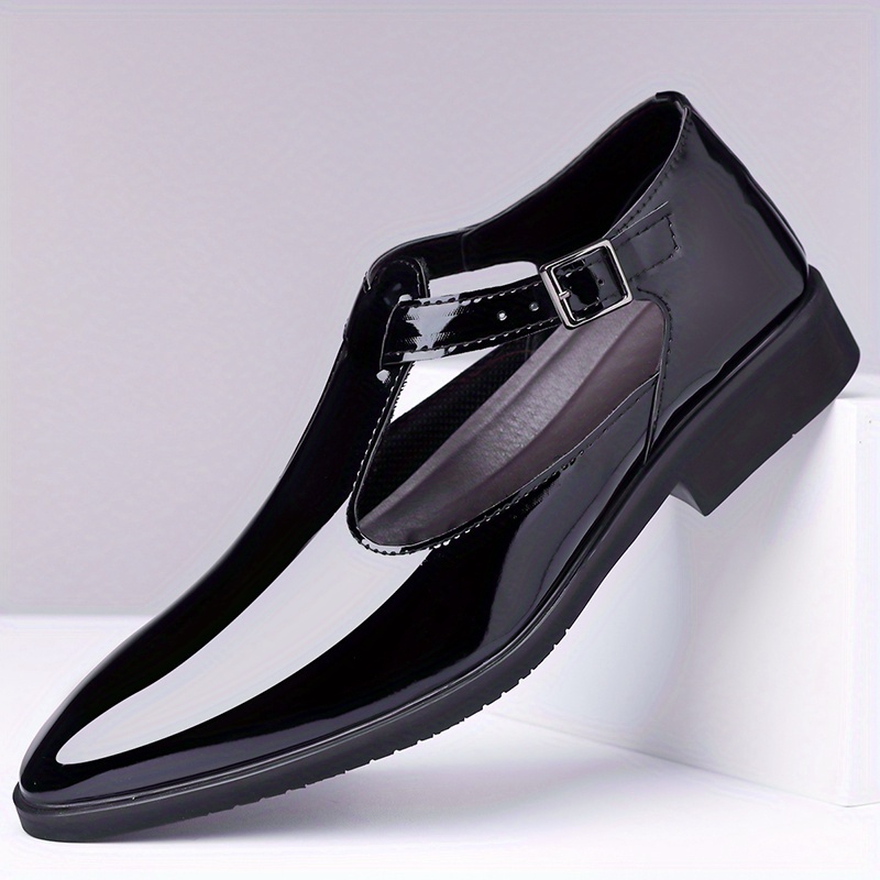 Men's Glossy Patent Dress Shoes with Breathable Cut-Out Design - Slip-On Closure, Comfortable Rubber Sole & PU Lining - Black Low-Top Formal & Casual Footwear